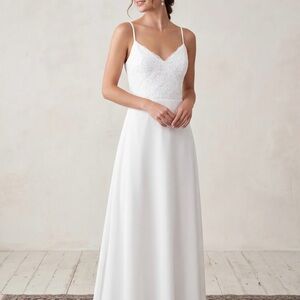 David's Bridal White Lace Bodice Spaghetti Strap Maxi Dress